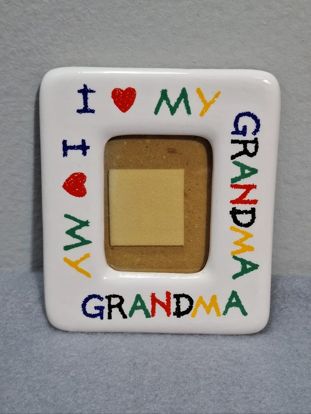 Vtg 90s White Ceramic Crayon Lettering Mini I LOVE GRANDMA Picture Frame Magnet